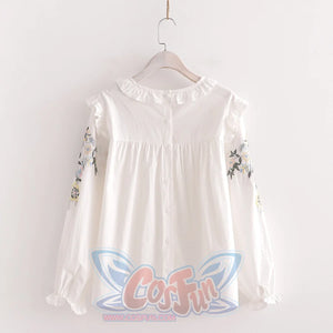 Sweet Lace Collar Floral Embroidery Long Sleeve Shirt