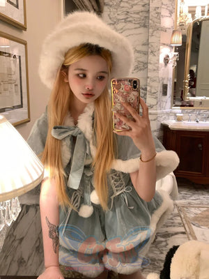 Red Meta Christmas Style Sweet And Cute Poncho Dress S23006 Blue Cape / S