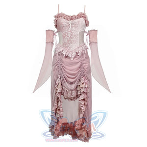 Summer Romantic Gothic Velvet Drawstring Pink Lace Suspender Dress S22015 S / Dress + Sleeve