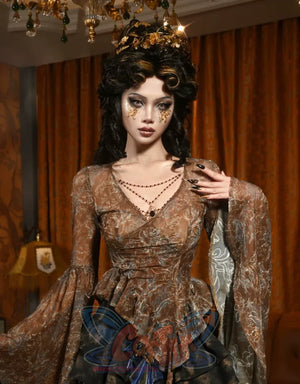 Embroidered V-Neck Mesh European Classic Ruffle Top