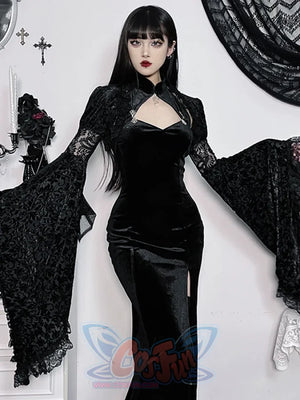 Halloween Gothic Court Style Black Shawl Cheongsam Set