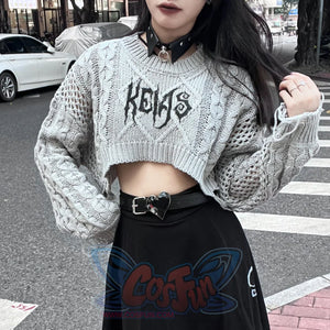 College Style Open Waist Round Neck Knitted Top Grey / Top