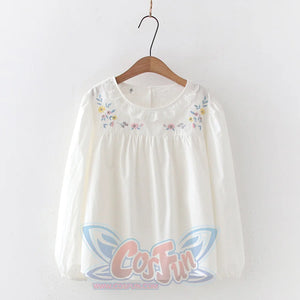 Sweet Lace Collar Floral Embroidery Long Sleeve Shirt Floret / M