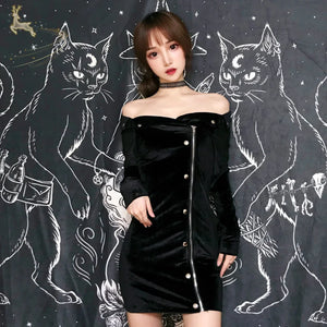 Gothic Off Shoulder Velvet Fitted Dress One Size