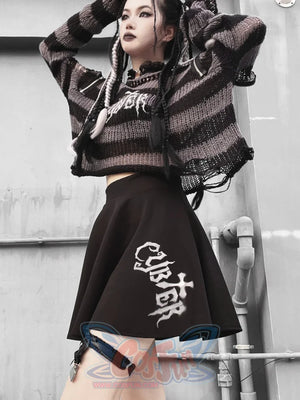 Punk Stripe Off Shoulder Round Neck Loose Short Sweater One Size