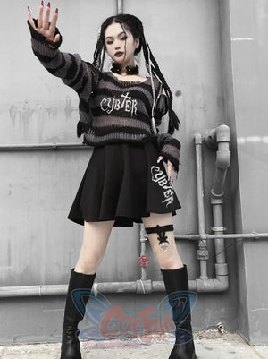 Punk Stripe Off Shoulder Round Neck Loose Short Sweater One Size