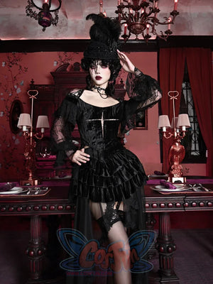 Gothic Velvet Slim Lace Lantern Sleeve Halloween Top - cosfun