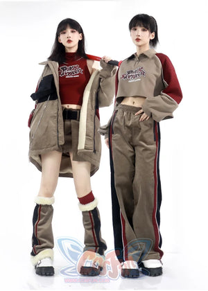 Khaki Striped Velvet Patchwork Slim Skirt Pants Sweater Suit S22429