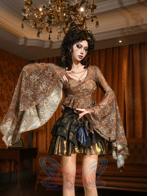 Embroidered V-Neck Mesh European Classic Ruffle Top