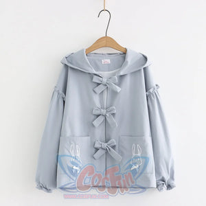 Soft Girl Sweet Bowknot Hooded Short Coat Blue