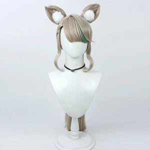 COSFUN Genshin Impact Lynette cosplay wig layers blonde-grey tones and anchors a green streak beside detachable ears.