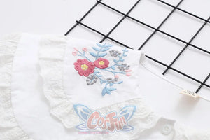Sweet Embroidery Lace Doll Neck Long Sleeve Shirt White