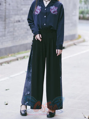 Chinese Style Stitched Wide Leg Pants Retro High Waist Hanging Feeling Loose Pants S20198 Pants