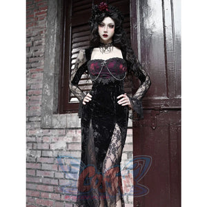 Gothic Crimson Halloween Lace Slim Velvet Fishtail Dress S22337