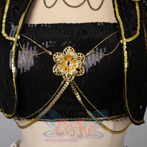 Ornate Mira's costume decoration featuring a gold floral ornament with central gem, connected by multiple gold chains, on black sequined fabric, for cosplay or stage use.