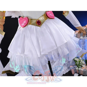 Panty cosplay costume skirt detail with layered white tulle fabric and iridescent holographic trim at the hem