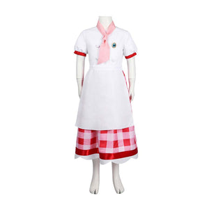 Patissiere Peach costume laid out on a mannequin, showing the full front design with scarf and checkered skirt.