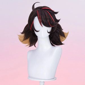The Peni Parker cosplay wig, with its dark brown base and red and light brown accents, has a unique and stylish appearance