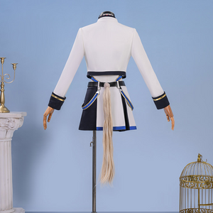 Pretty Derby Oguri Cap Cosplay Costume, white and black outfit with blue and gold decoration.