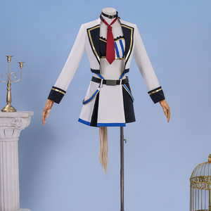 Pretty Derby Oguri Cap Cosplay Costume, white, black and deep blue outfit, front view.
