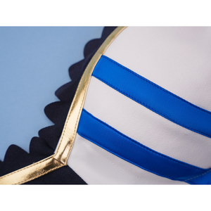 Pretty Derby Oguri Cap Cosplay Costume, the top is black, blue and white with gold and black wavy trim.