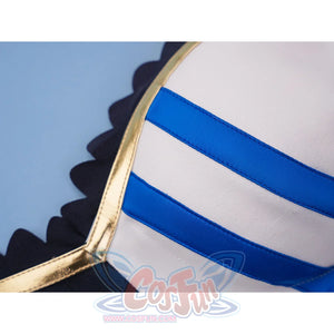 Pretty Derby Oguri Cap Cosplay Costume, the top is black, blue and white with gold and black wavy trim.