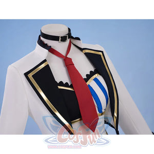 Pretty Derby Oguri Cap Cosplay Costume, the top is black with blue and white stripes and has gold trim.