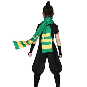 Back view of the Ninja Peach costume, emphasizing the black clothes, green scarf, and sash patterns.