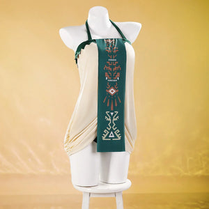 Princess Zelda cosplay swimsuit displayed on mannequin, cream halter swim dress with green Hyrulean symbol sash
