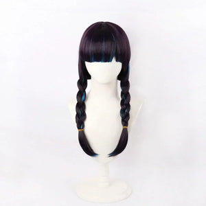 Front view of Psylocke cosplay wig with twin braids and blunt bangs