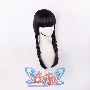 Left front angle of Psylocke cosplay wig showing dual braids and colored highlights