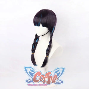 Right front angle of Psylocke cosplay wig featuring blue streaks and symmetrical braids