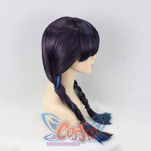 Side profile of Oni Hunter Psylocke wig with neat braids and detailed blue streaks.