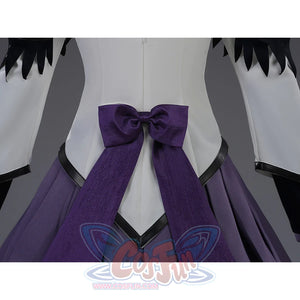 Homura Akemi cosplay costume purple bow front detail with white bodice and black trim close-up