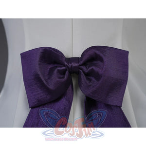 Homura Akemi cosplay costume large purple bow ribbon detail close-up showing fabric texture