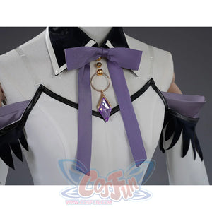 Homura Akemi cosplay costume purple bow tie detail with decorative gem pendant and white collar
