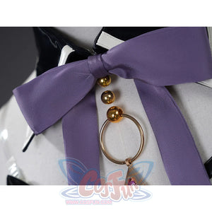 Homura Akemi cosplay costume purple bow tie with gold ring and beads close-up detail shot