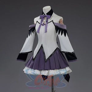 Homura Akemi cosplay costume left side view with purple bow, white shirt, black gloves, and purple skirt