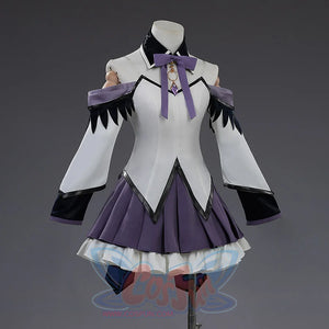 Homura Akemi cosplay costume right side view displaying purple bow, white sleeves, and pleated skirt