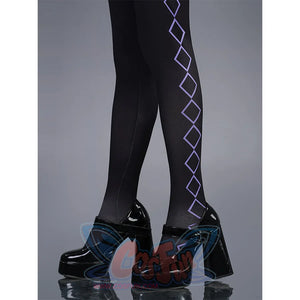 Homura Akemi cosplay costume stockings with purple diamond pattern and black platform shoes detail