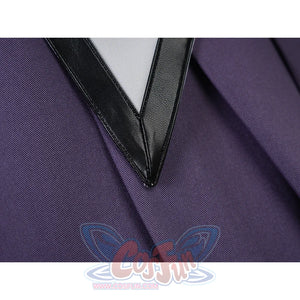 Homura Akemi cosplay costume purple skirt close-up showing black V-shaped trim detail and fabric texture