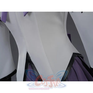Homura Akemi cosplay costume waist detail with white jacket and purple skirt with black trim