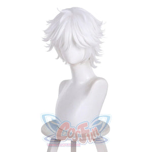 Full front view of Qifrey cosplay wig with short white hair on a tall mannequin stand