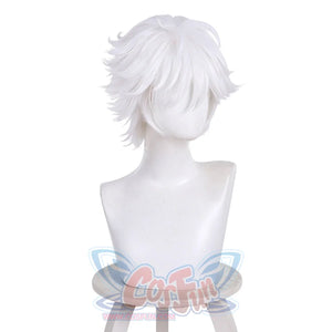 Left side view of Qifrey cosplay wig with short white layered hair on mannequin stand