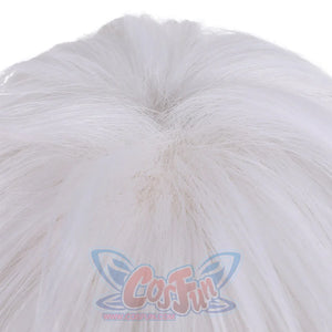 Close-up of Qifrey cosplay wig showing white hair texture with natural fiber detail on top