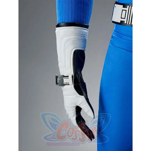 This close-up focuses on the white glove with a buckle of the Reed Richards cosplay costume, highlighting the detail of the buckle.