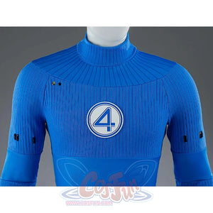 This close-up focuses on the upper body of the Reed Richards cosplay costume, highlighting the "4" emblem and the ribbed texture of the blue jumpsuit.