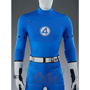 A close-up of the upper body of the Reed Richards cosplay costume, focusing on the "4" emblem and the white belt.