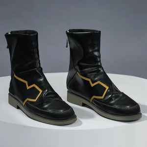 Rerir cosplay boots in black with gold geometric accents, front view of both boots on a white stand.