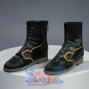 Rerir cosplay boots featuring gold zigzag toe accents, angled front view of both black boots on a white stand.